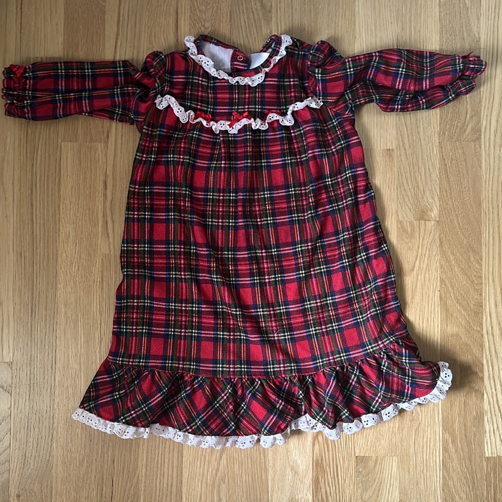 Little Me Red and Black Plaid Nightgown with Lace Trim